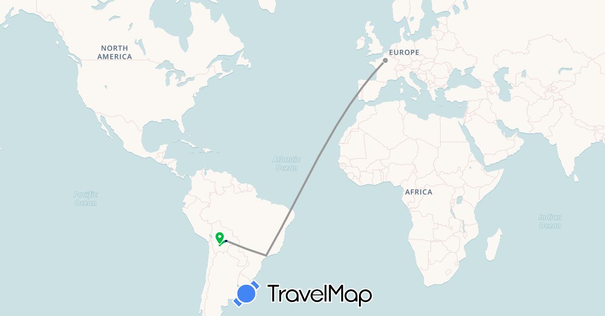 TravelMap itinerary: driving, bus, plane in Bolivia, Brazil, France (Europe, South America)